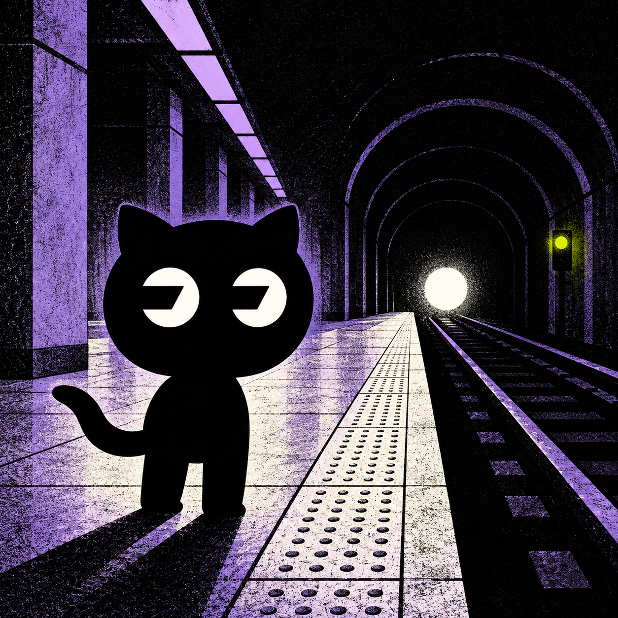 FomoHub cat on an empty underground metro platform looking into a tunnel