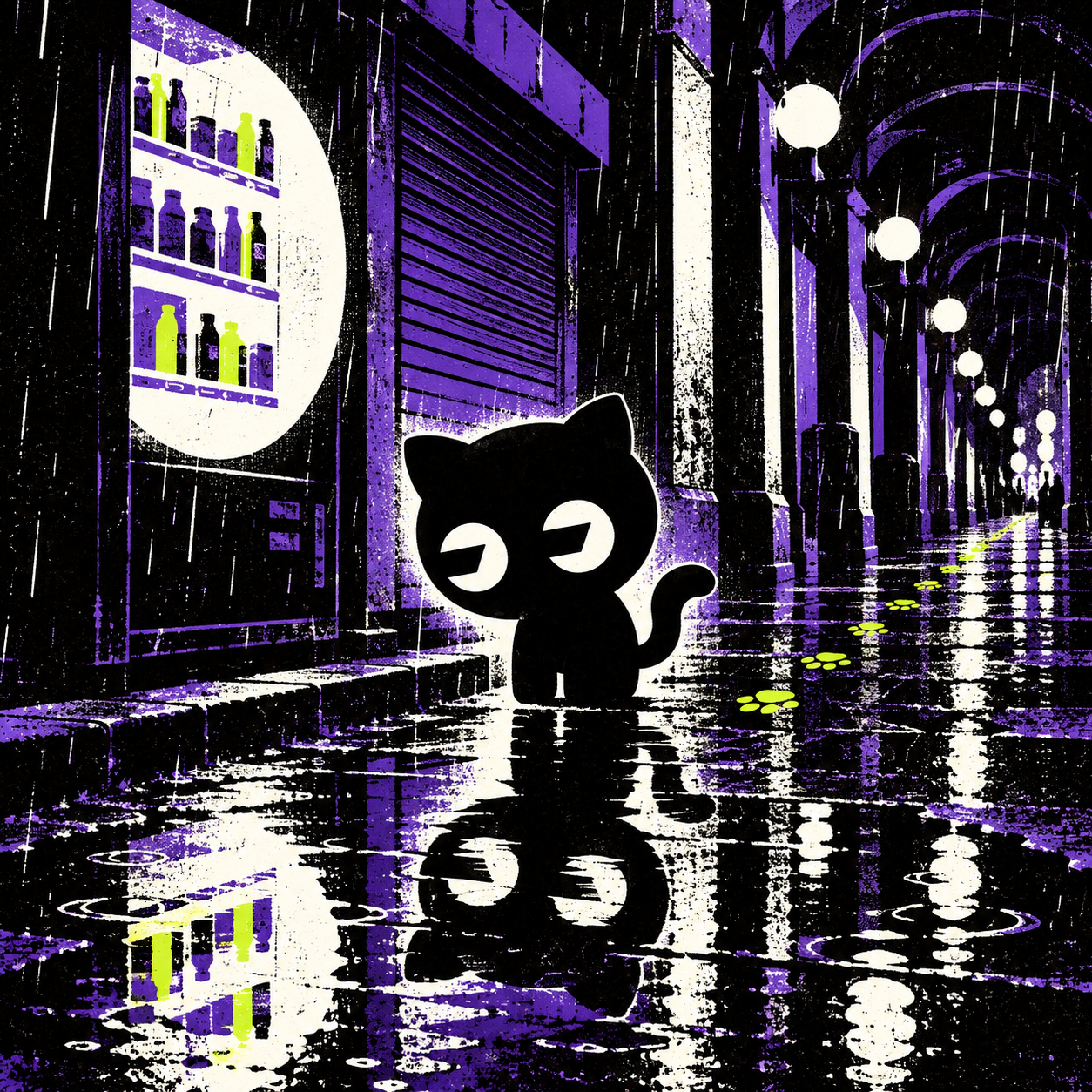 FomoHub cat beside a night kiosk under a rainy pedestrian arcade