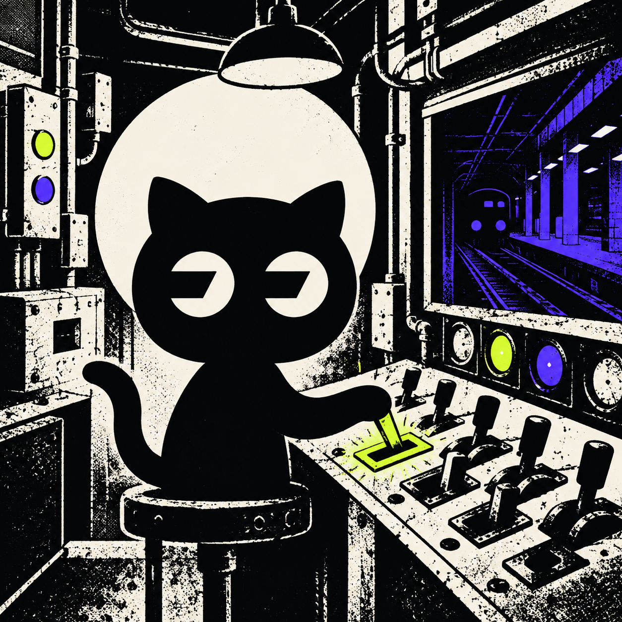 FomoHub cat in an underground signal booth at a switchboard